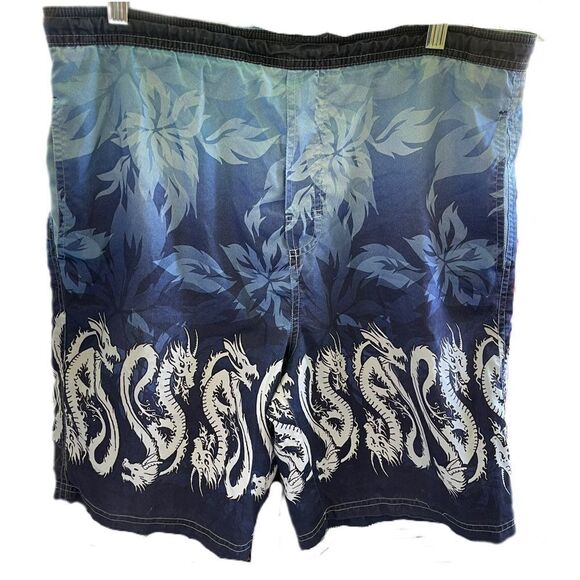Men's Y2K Blue Board Shorts - Dragon & Floral Design Wrap Around Print SZ Small - Picture 1 of 7